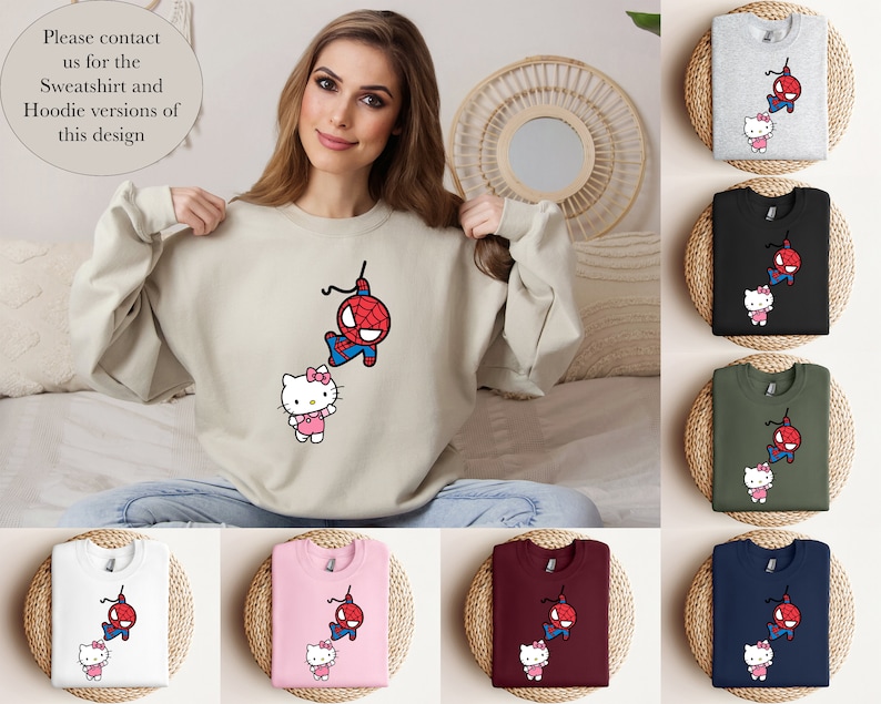 Spiderman and Kitty Shirt Sweatshirt & Hoodie, Kitty Spiderman Couple Shirt, Y2K Inspired Matching Couple, Hello Cat Shirt, Kawaii Shirt image 8