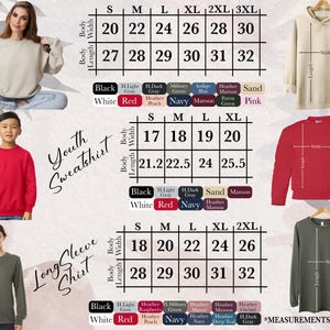 K&ouml;nnte beinhalten: Produktbild mit verschiedenen Kleidungsst&uuml;cken, darunter Sweatshirts und Langarmshirts. Gr&ouml;&szlig;entabellen mit Ma&szlig;en in Zoll sind enthalten. Die Kleidung ist in verschiedenen Farben und Gr&ouml;&szlig;en erh&auml;ltlich.