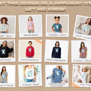 Puede incluir: Un collage de varias prendas de vestir, como camisetas y sudaderas, cada una con un dise&ntilde;o de personaje de dibujos animados. El texto "WANT THIS DESIGN ON A DIFFERENT ITEM? LET ME KNOW!" tambi&eacute;n est&aacute; presente.
