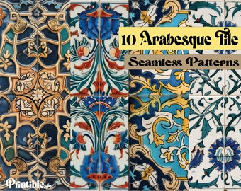 May include: Ten colorful, intricate, and seamless arabesque tile patterns. The tiles feature floral designs in shades of blue, yellow, red, and green.