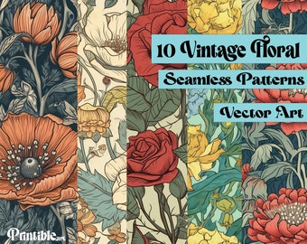 VINTAGE BLUMEN | 10 nahtlose Vektordrucke, Blumen digitales Papier, Blumen wiederholendes Muster, Blumen Hintergrund, Blumen Vektor, Scrapbook
