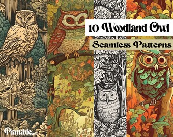 WOODLAND OWL | 10 Seamless Prints, Owls Digital Paper, Forest Repeating Pattern, Owls Background, Fun Digital Paper, Scrapbook