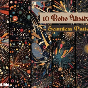 Può includere: Dieci motivi digitali senza cuciture in stile boho con forme e colori astratti. I motivi presentano uno sfondo scuro con colori vivaci come arancione, giallo, rosso, blu e verde. I motivi sono perfetti per l'uso in progetti di design digitale.