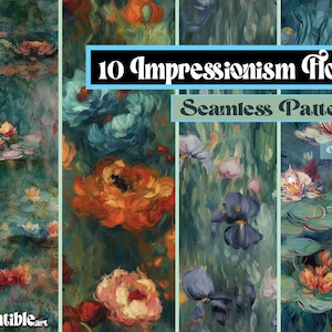 Puede incluir: Diez patrones florales sin costuras de impresionismo, Ver. 2. Una descarga digital de 10 patrones sin costuras que presentan diseños florales al estilo de las pinturas impresionistas. Los patrones incluyen nenúfares, iris y otras flores en tonos de azul, verde, rosa y naranja.