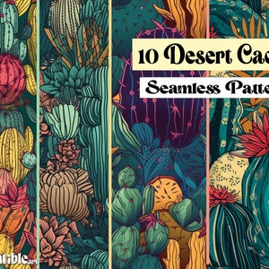 CACTUS DEL DESIERTO / 10 Impresiones sin costuras, Papel digital de cactus, Patrón repetitivo del desierto floreciente, Fondo, Papel digital suculento, Libro de recuerdos