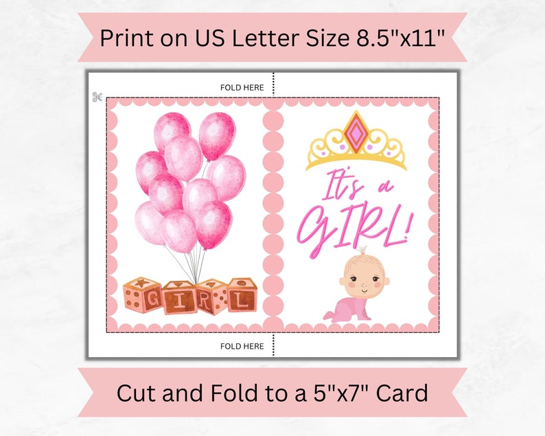 Printable It's a Girl Card, Baby Girl Card, Printable Greeting Card