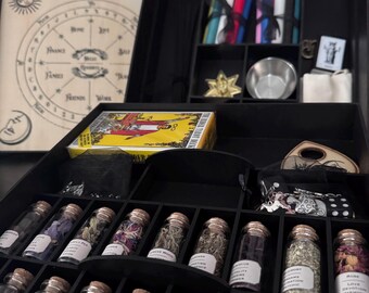 Handmade Wooden Altar Box – Moon Phase Detail, Tarot, Pendulum, Herbs, Ritual Kit