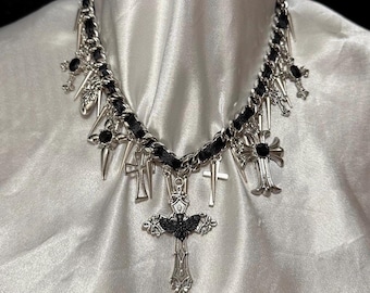 gothic necklace | spikes, crosses, bats | silver and black jewelry | alternative handmade accessories
