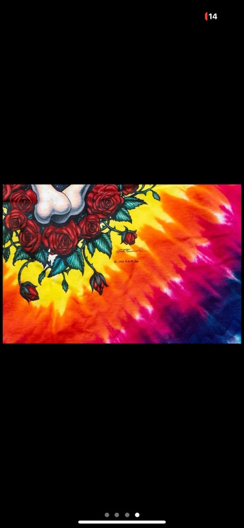 Puede incluir: Una camiseta tie-dye con un patr&oacute;n de arco&iacute;ris colorido. La camiseta presenta un gr&aacute;fico de una calavera con rosas y hojas verdes. El texto "&copy; 1994 B.D.M. Inc." est&aacute; impreso en la camiseta.