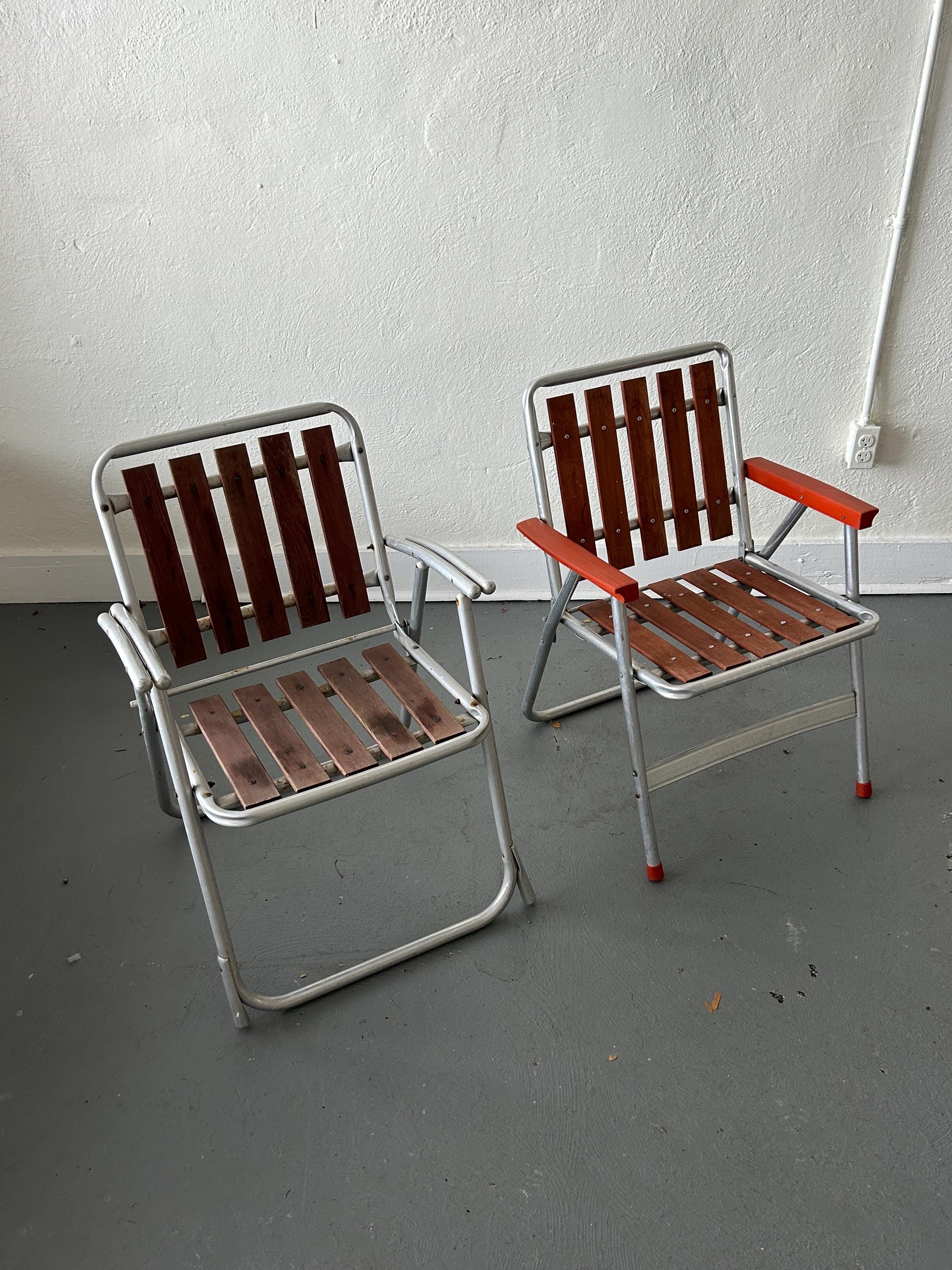 Set of 2 MCM Wood Slat & Aluminum Chair, Vintage Patio Chair 