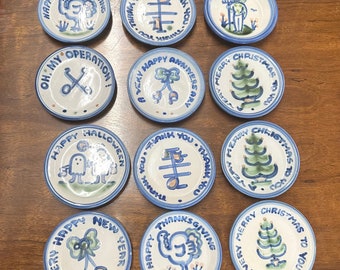 M.A. Hadley 4" Plates, Coasters, Trinket Dish, Louisville Kentucky, Signed Pottery, Holiday Plates