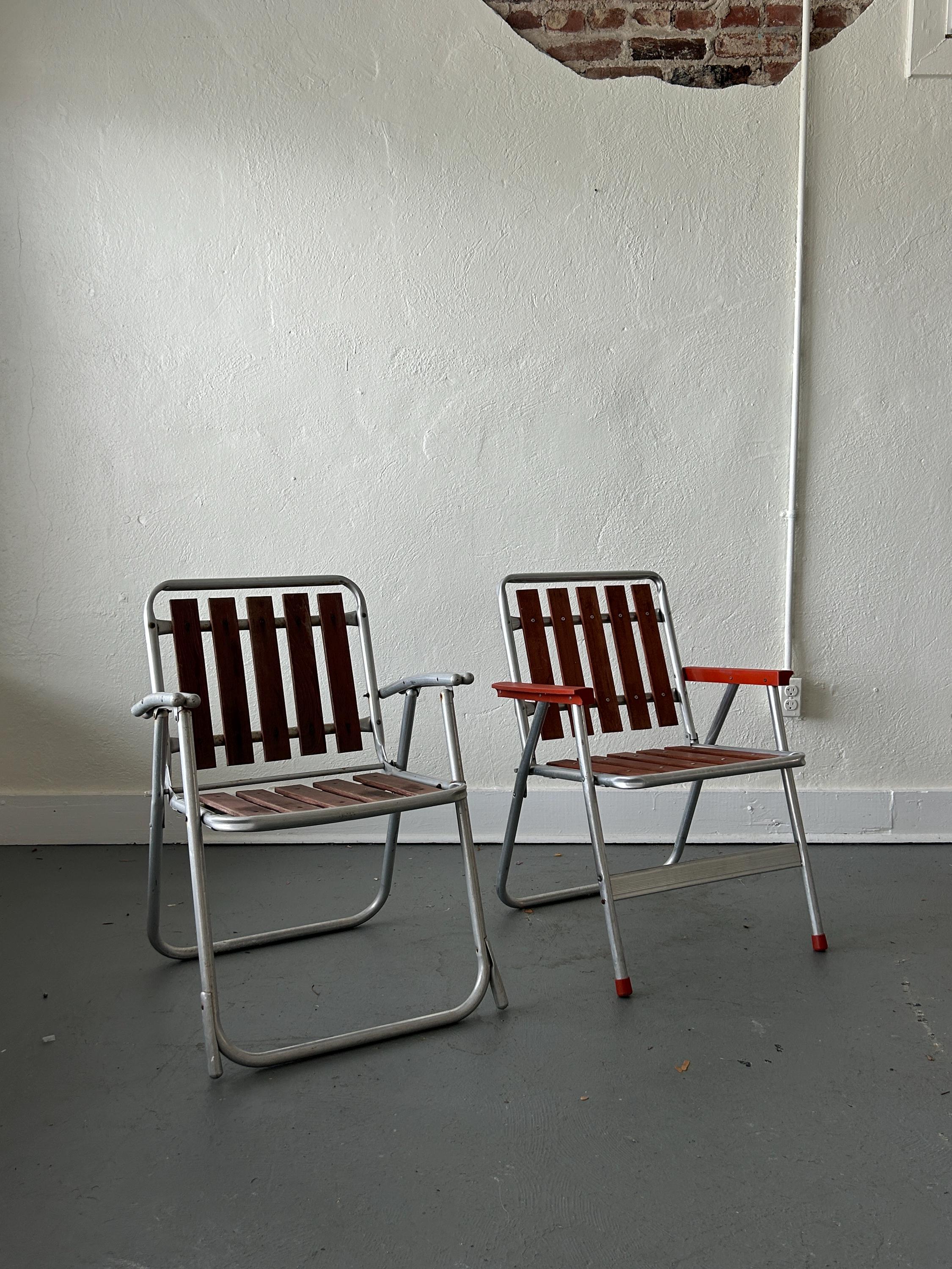 PUEBCO VINTAGE STEEL FOLDING CHAIR 2脚set Set of 2 MCM Wood Slat & Aluminum Chair, Vintage Patio Chair