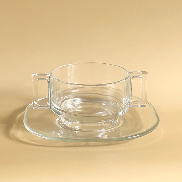 1960s Vintage Joe Colombo Arno Soup Bowls and Under Plates, Italian Glassware, Geometric Glassware, Set of 2