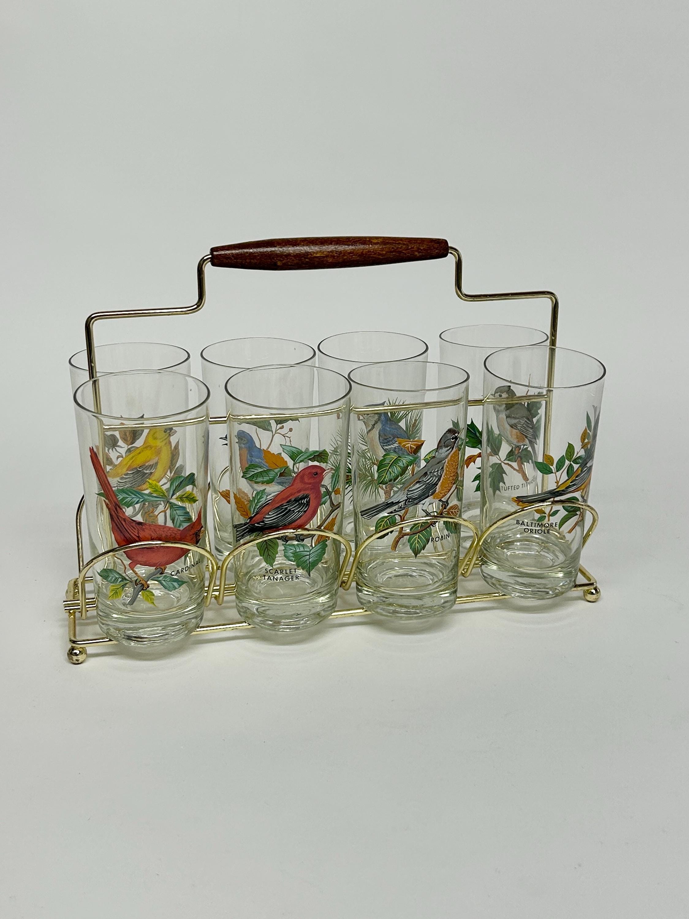 Vintage Songbird Glassware, Tumbler Set, Metal Carrying Rack, West Virginia Glass Company