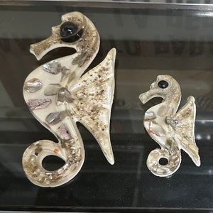 Vintage Lucite Abalone Shell Seahorse, Wall Art, Mid Century, 8&quot; and 4&quot; tall