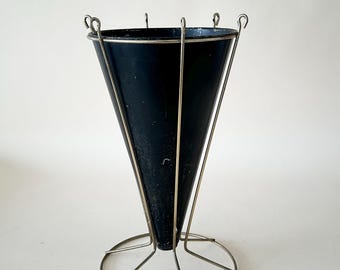 Mid Century Modern Umbrella Stand Atomic Cone | Vintage Black Metal Umbrella Holder with Wire Frame | 1950s MCM Entryway Decor