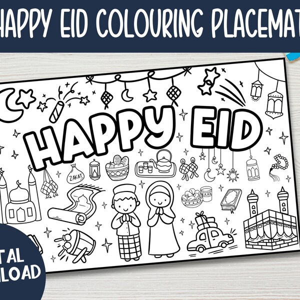 Set de table à colorier personnalisé Eid Mubarak pour enfants, set de table à colorier Happy Eid, nom personnalisé, personnalisé, téléchargement numérique, impression à la maison