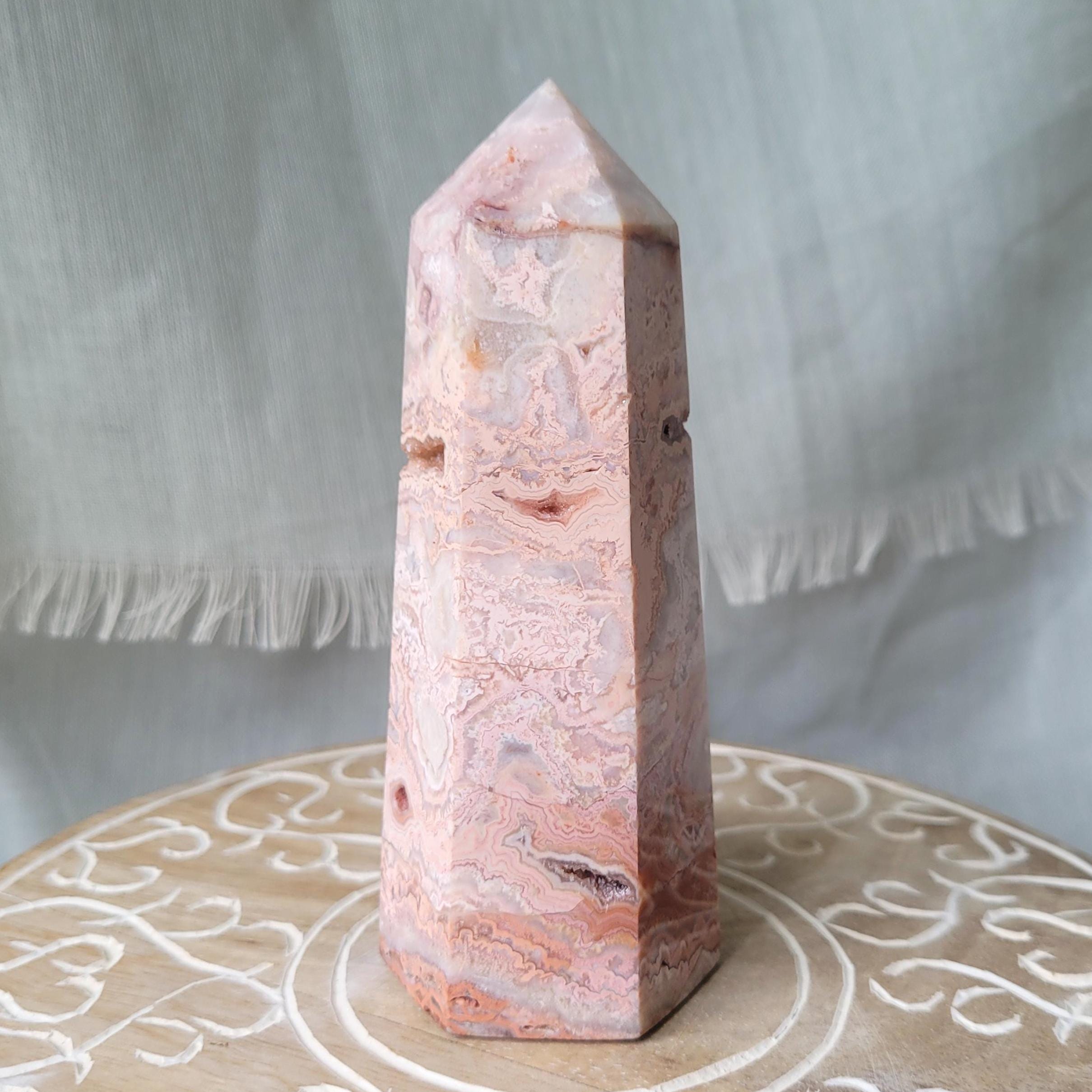 Pastel Pink Crazy Lace Agate Chunky Obelisk Tower - Enchanting Color Palette, Sparkling Druzy Pockets! - 5" Tall - From Indonesia