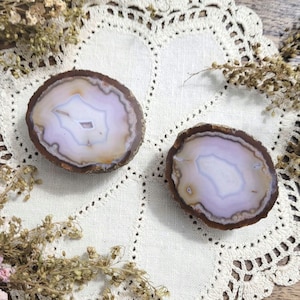 Zhanguo Agate Geode Pair Specimen - Open Half Polished Geode Halves - Special Pastel Pink Banding, Yellow Tones, Small Druzy
