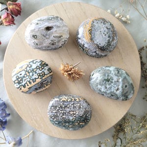 May include: Five polished gemstones in shades of gray, green, and yellow are arranged on a light wooden tray. The stones have unique patterns and textures. Dried flowers and foliage surround the tray.