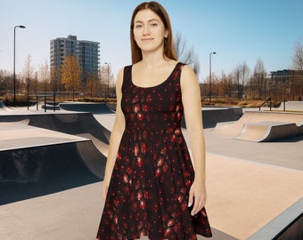 Evil Robot Armor - All Over Print Skate Dress - Women's Skater Dress - AOP - Cyborg Scale Armor Pattern - Red and Black