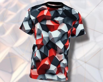 May include: A black t-shirt with a geometric pattern in shades of red, white, and gray. The pattern is made up of overlapping squares and rectangles.