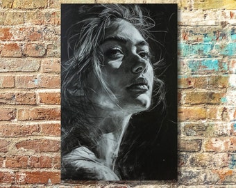 Hesitation - Chalk Sketch Portrait - Chalk and White Pencil on Black - Monochromatic Wall Art Printed on Canvas