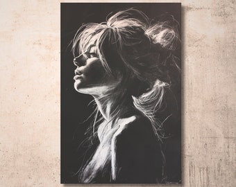 Vulnerability - Inverted Sketch Portrait - Chalk and White Pencil on Black - Monochrome Wall Art Printed on Canvas