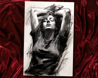 Beautiful Agony - Mixed Media Sketch Portrait - Charcoal, markers, watercolor - Black, White, Grey - Wall Art Printed on Canvas