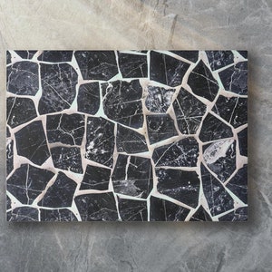 May include: Black and white mosaic tile with a geometric pattern. The tile is made of small, irregular pieces of stone.
