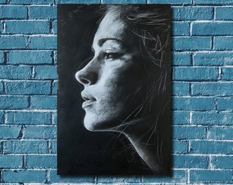 Gaze - Chalk Portrait Sketch - Chalk and White Pencil on Black - Monochromatic Wall Art Printed on Canvas