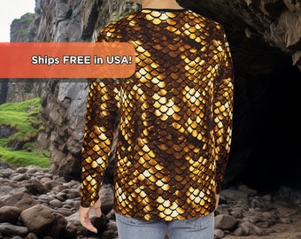 Gold Dragon Scale Pattern All Over Print Long-Sleeve T-Shirt - Ships FREE in USA! AOP Men's Long Sleeve Shirt - Dragon Armor Print in Gold