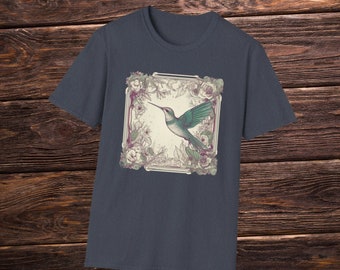 Hummingbird Flowers Scroll Shirt - Unisex Softstyle T-Shirt - Retro Humming Bird With Flowers - T Shirt - Short Sleeve - Multiple Colors
