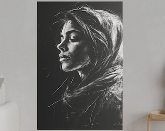 Woman in Headscarf - Sketch Portrait - Chalk and White Pencil on Black - Monochrome Wall Art Printed on Canvas