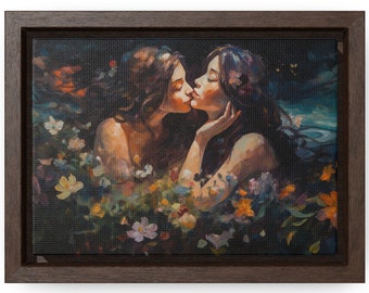 Love at the Witching Hour - Happy Pride! - Framed Oil Painting Print on Canvas - Women Kissing - Gallery Print on Canvas with Frame