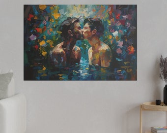 Pool of Desire - Happy Pride! - Gay Couple Kiss Among Flowers - Colorful Wall Art - Printed on High Quality Canvas