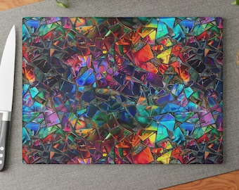 Impresión de mosaico de vidrio de colores con arcoíris fracturado - Tabla de quesos y bandeja de vidrio templado