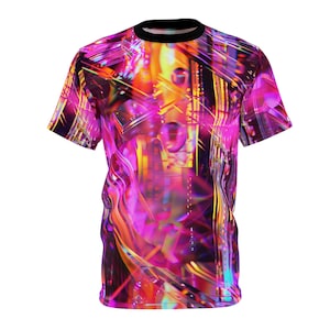 Pink Flame - Patrón Cyberpunk Glitch en la camisa AOP - Camiseta funky con estampado integral - Camiseta AOP - Camiseta unisex con estampado integral