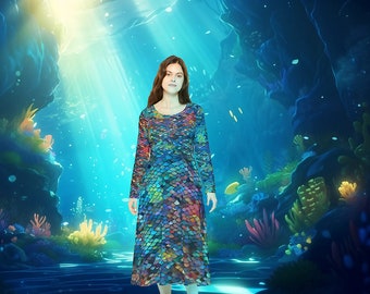 Rainbow Mermaid Scales - Women's Long Sleeve Dance Dress - AOP - All Over Print Dress - Calf Length