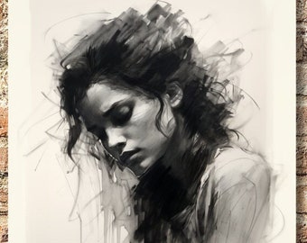 Mixed Media Portrait Shading Study of Woman Looking Down - Charcoal Sketch and Watercolor - Black, White, Grey - Painting Printed on Canvas
