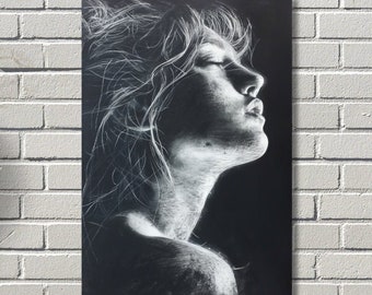 Sensation - Chalk Sketch Portrait - Chalk and White Pencil on Black - Monochromatic Wall Art Printed on Canvas