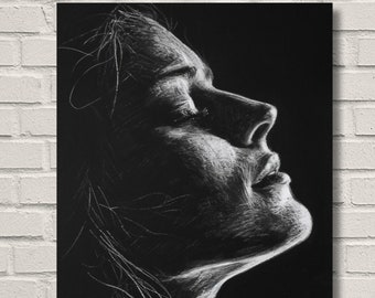 Warmth - Sketch Portrait - Chalk and White Pencil on Black - Monochromatic Wall Art Printed on Canvas