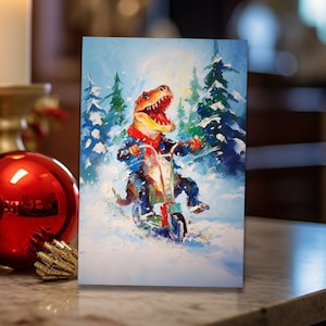 Funny Holiday card - Dinosaur Person riding a scooter through the snow on Christmas.