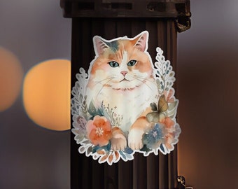 Chubby (Perfect Baby!) Cat in Flowers - Watercolor Style - Fat Cat Sticker