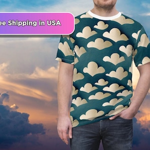 In The Clouds AOP Tee Shirt - Shirt Covered in Cute Paper Cut-Out Clouds - Cloudcover? - Unisex All Over Print T Shirt - Happy Little Clouds