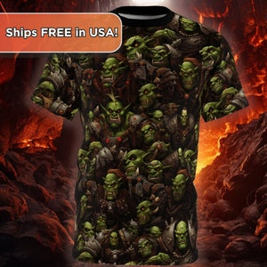 How many orks are crammed on this shirt?  Hard to say, but some estimates are as high as forty thousand.  All Over Print t-shirt covered in orcs.