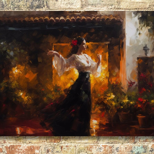 Beautiful Dancer in Courtyard - Oil Painting - High Quality Print on Canvas - No Frame - Flamenco Dancer with Flowers