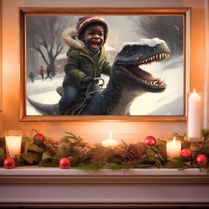 Happy Kid Riding Dinosaur on Christmas Day - Snowy Winter Painting - Canvas Print of Oil Painting - Joy - Xmas Fun - Happy Holiday Painting
