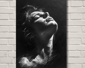 Salvation - Chalk Sketch Portrait - Chalk and White Pencil on Black - Monochromatic Wall Art Printed on Canvas