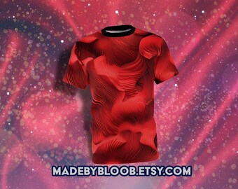 May include: Red t-shirt with a 3D abstract pattern. The pattern is made up of lines that create a wavy, flowing effect. The shirt is on a red and purple background with white dots.